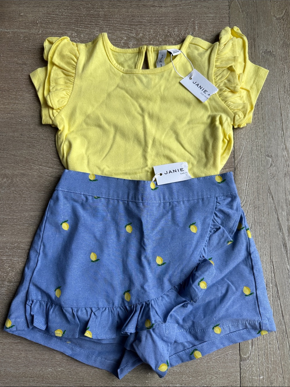 Janie and Jack Yellow Ruffle Sleeve Top with Blue Lemon Skort
